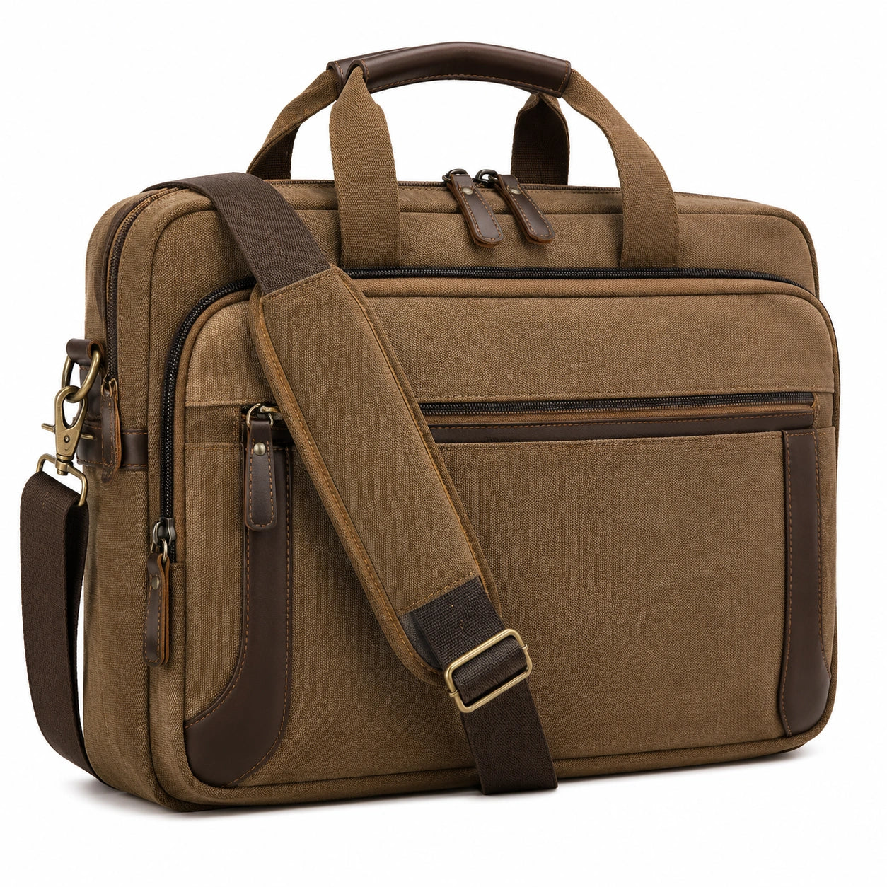 Aktentasche 42 x 12 x 32 cm aus Canvas Khaki Braun mit Schultergurt und Laptopfach