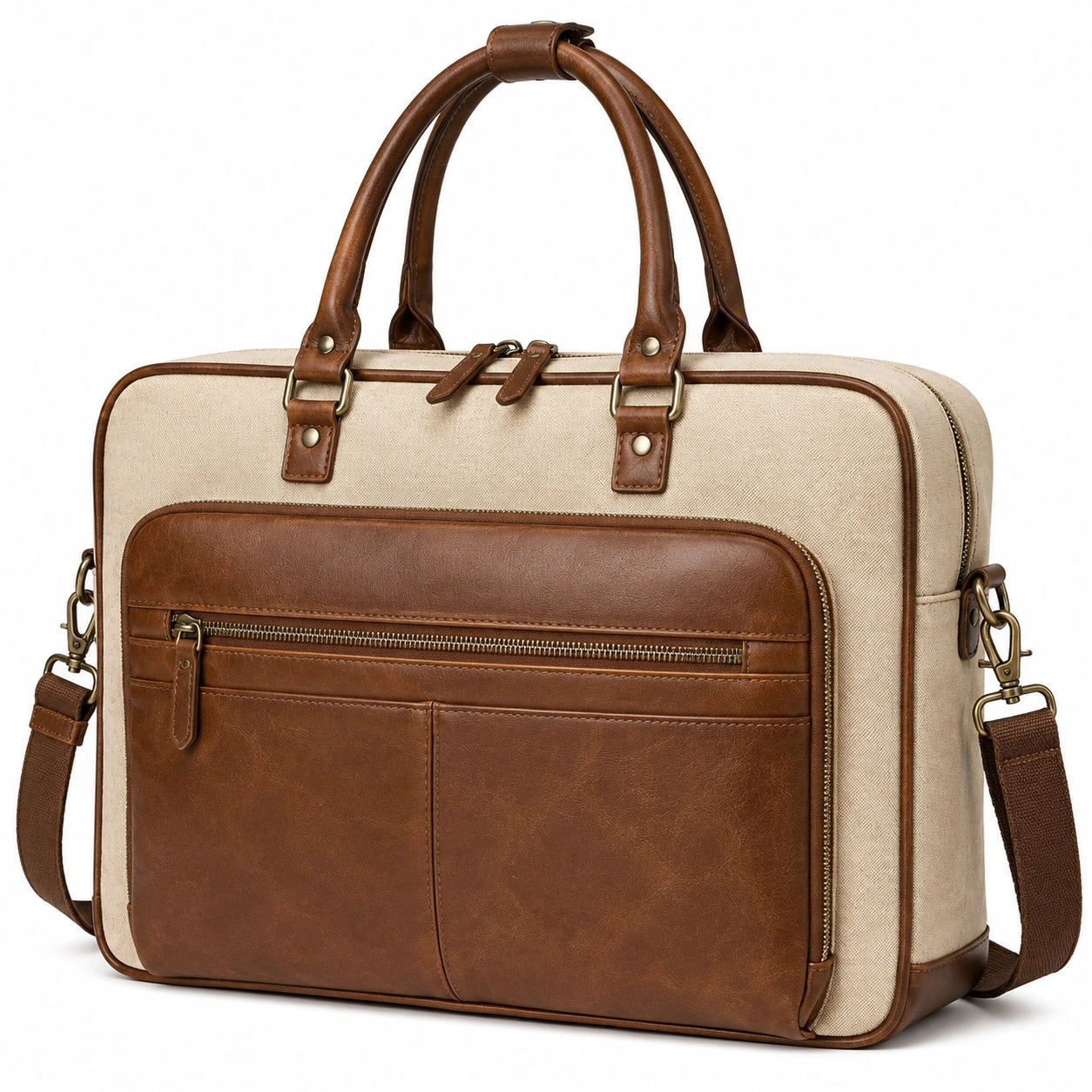 Laptoptasche 42 x 12 x 32 cm aus Textil und Kunstleder Beige Braun mit Schultergurt