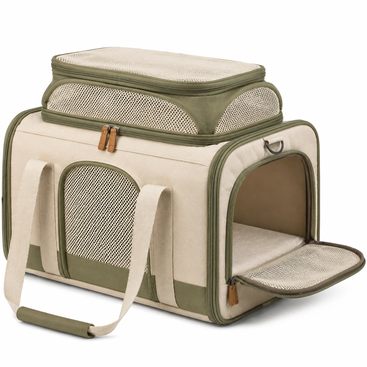 Tiertransporttasche 42 x 28 x 30 cm Canvas Beige Olivgr¨¹n mit Netzfenstern und Tragegurt