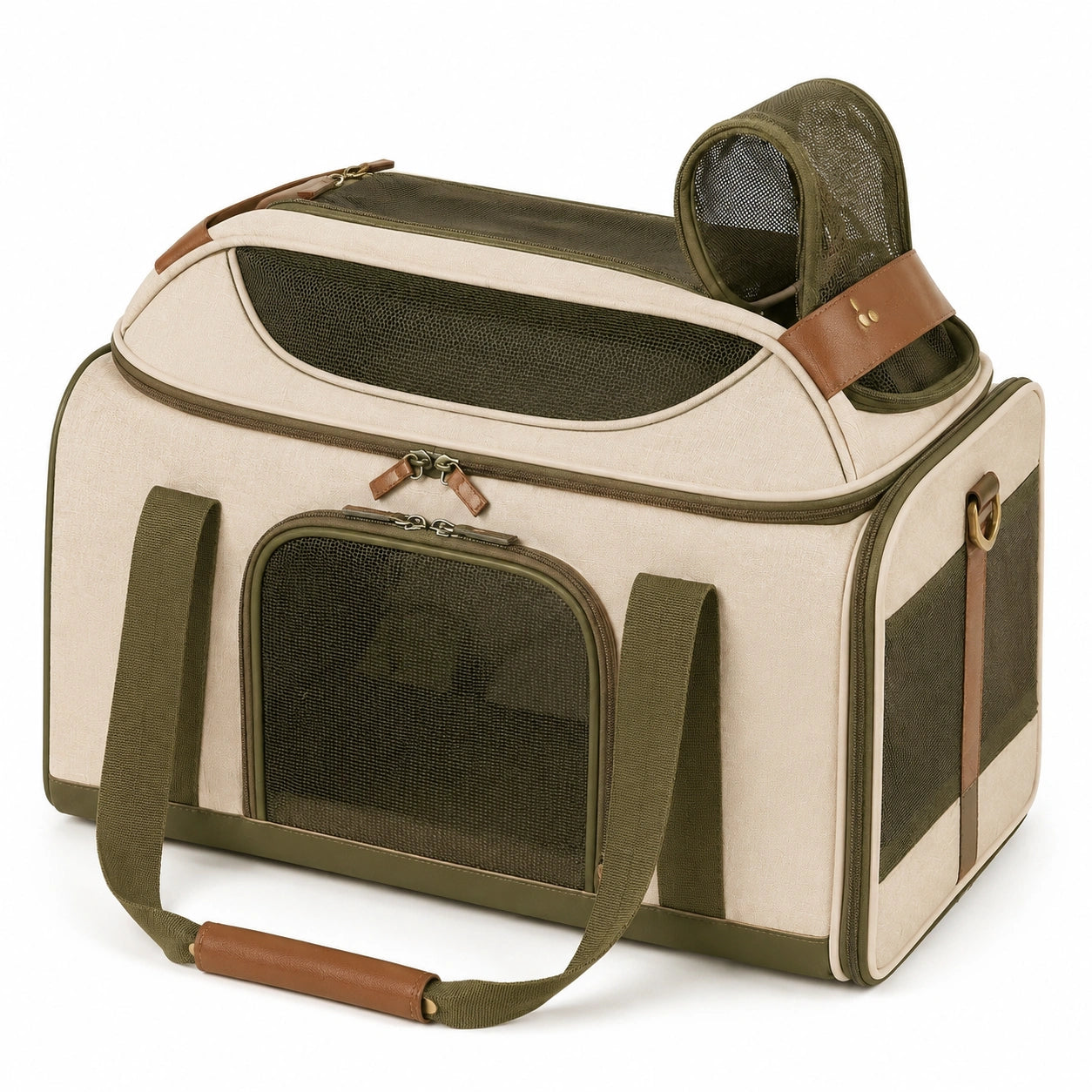 Transporttasche f¨¹r Haustiere 45 x 28 x 30 cm Textil Beige Gr¨¹n mit Netzfenstern