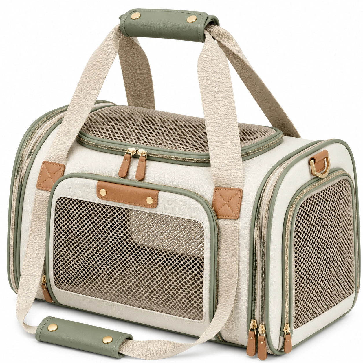 Haustier Transporttasche 45 x 28 x 30 cm Textil Beige Salbeigr¨¹n mit Netzfenstern