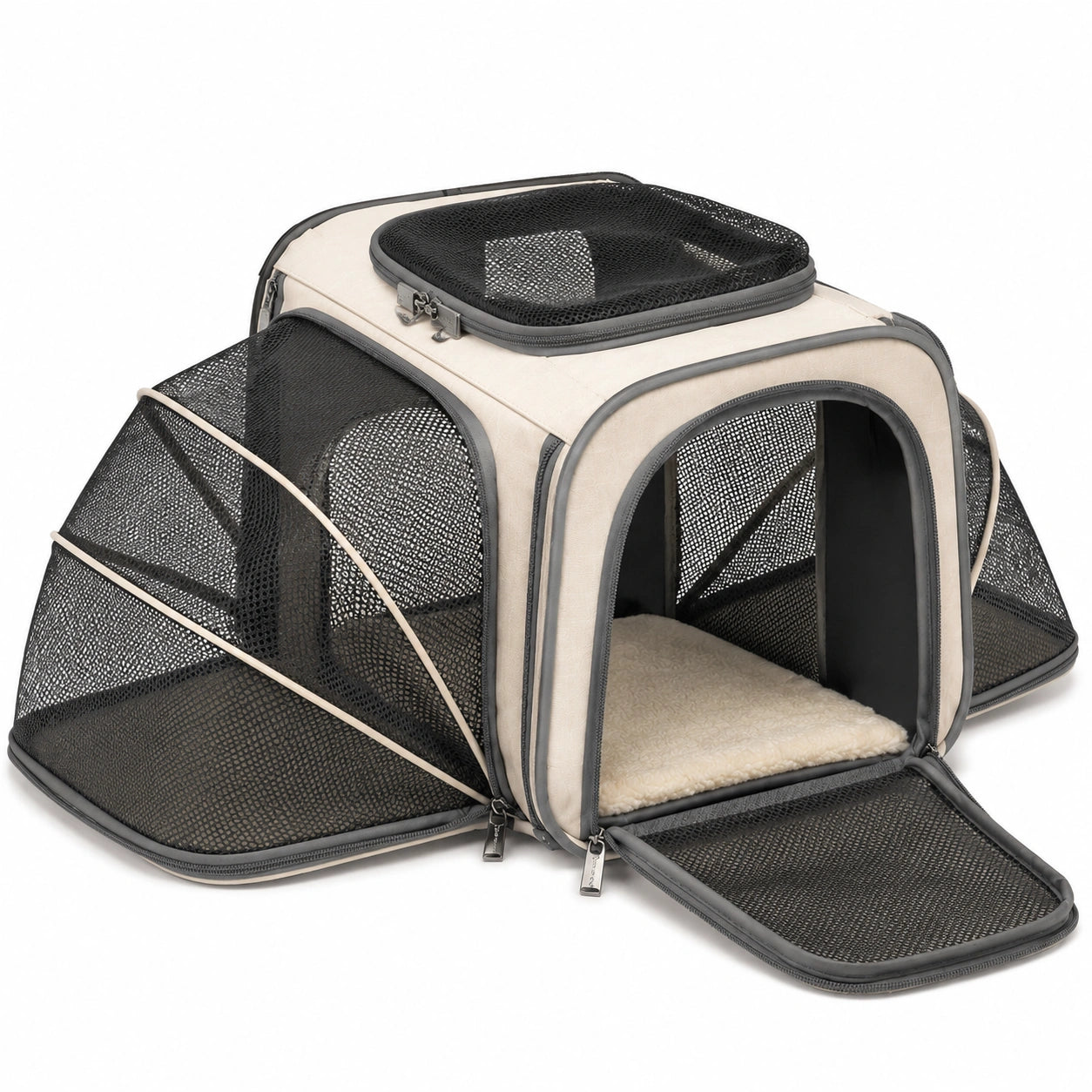 Tiertransporttasche 50 x 30 x 32 cm aus Polyester Creme/Schwarz - faltbar mit Netzfenstern