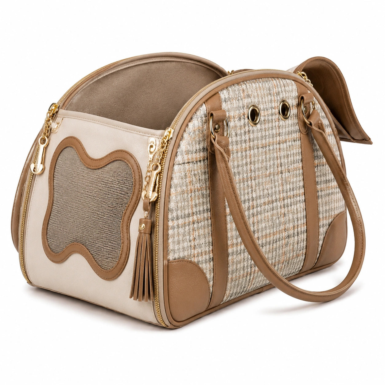 Haustiertragetasche 42 x 25 x 30 cm aus Textil und Kunstleder in Beige Braun mit Bel¨¹ftungsfenster