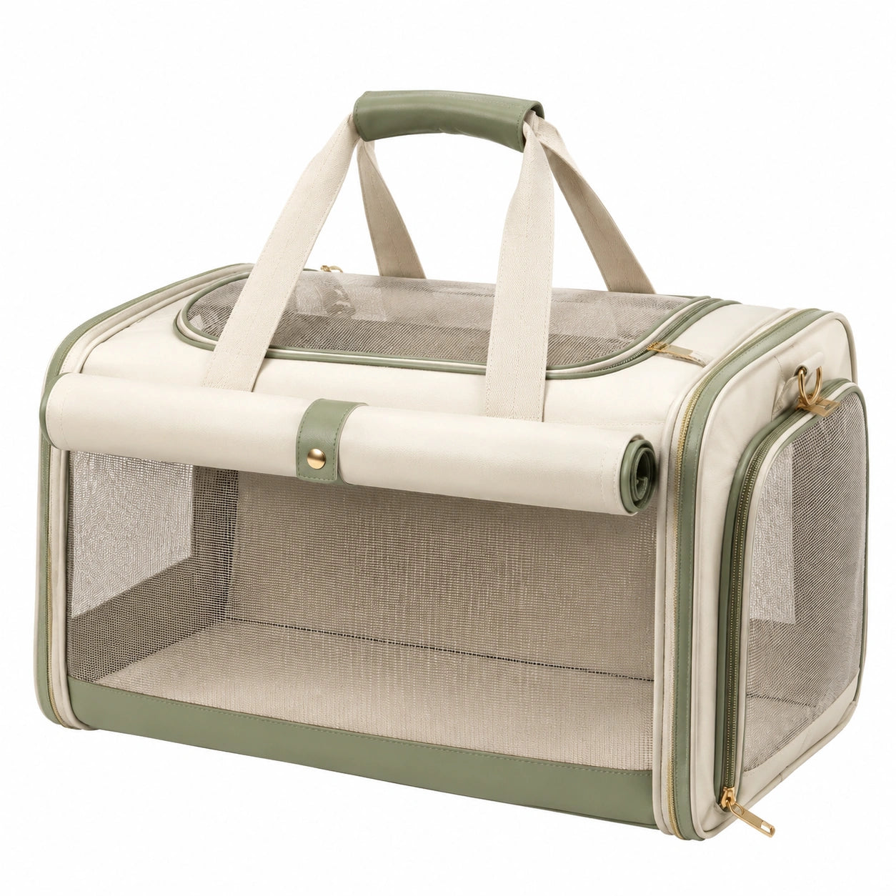 Haustier-Transporttasche 50 x 30 x 32 cm Creme Gr¨¹n Kunstleder Netzgewebe mit Bel¨¹ftungsfenstern