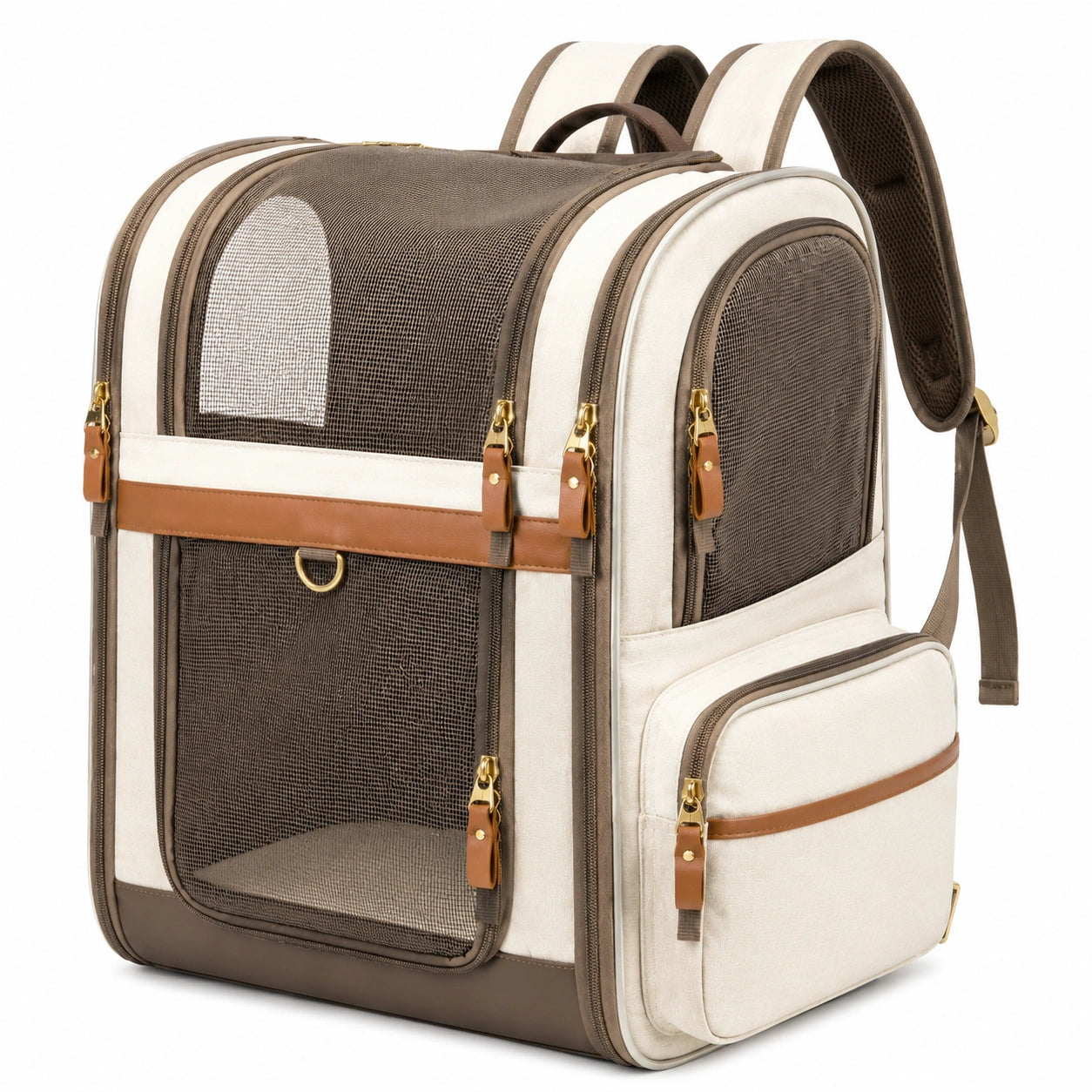 Haustier-Transportrucksack 42 x 30 x 45 cm Textil Cremebraun mit Netzfenstern