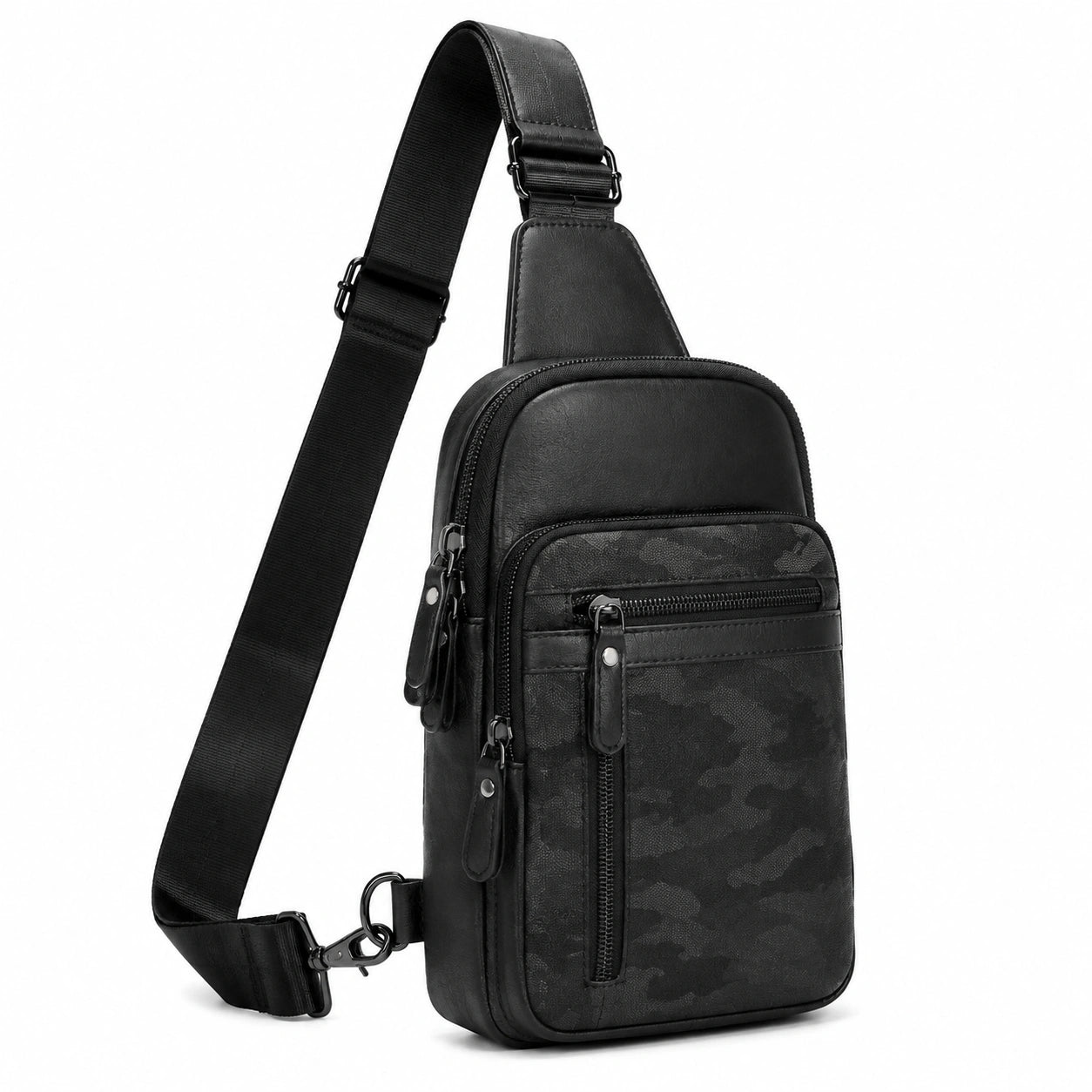 Umh?ngetasche 18 x 8 x 32 cm Schwarz Kunstleder mit Camouflagemuster und verstellbarem Schultergurt