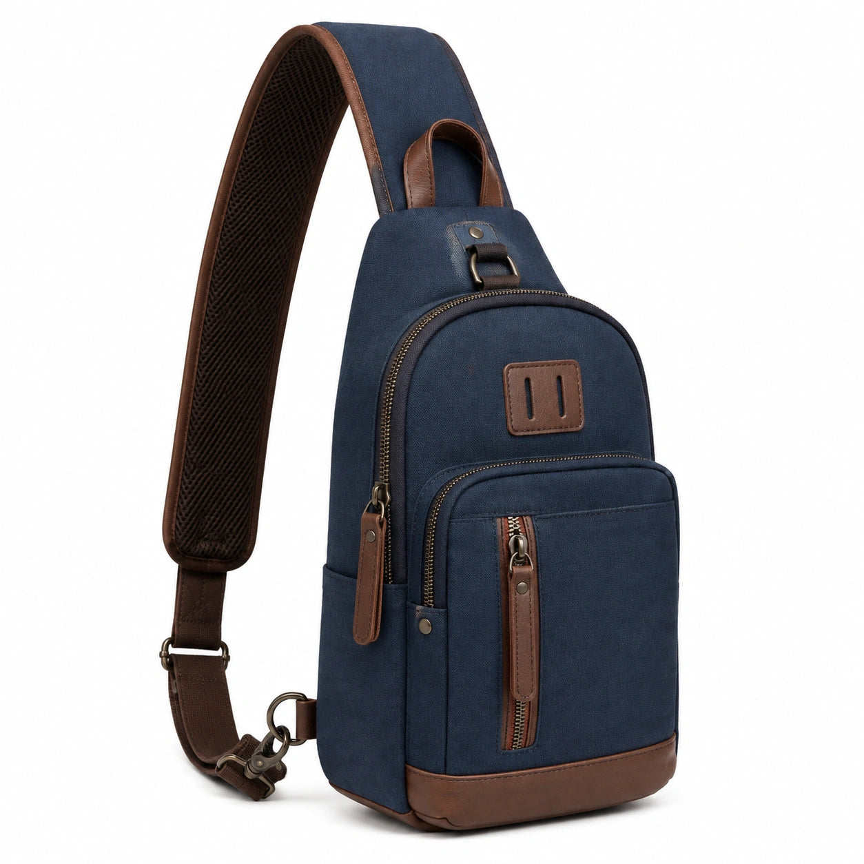 Sling-Rucksack 18 x 9 x 34 cm Textil Dunkelblau Braun f¨¹r Alltag mit Rei?verschluss