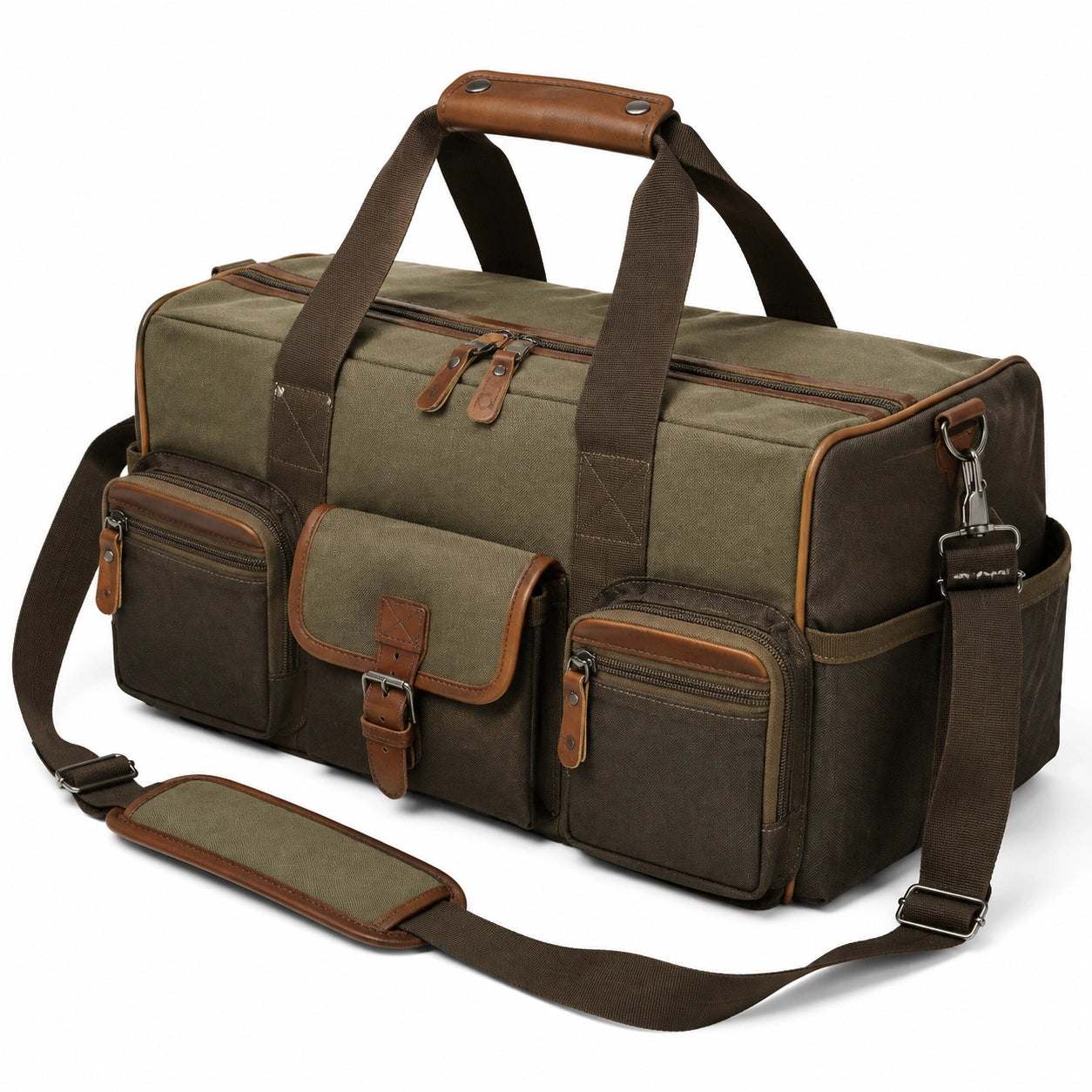 Reisetasche 50 x 25 x 30 cm aus Canvas in Olivbraun mit Schultergurt im Vintage-Stil