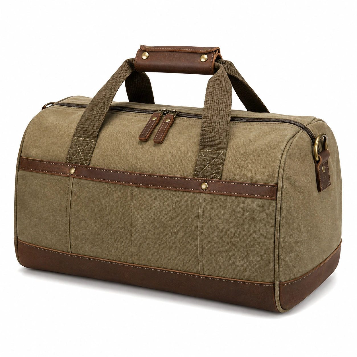 Reisetasche 50 x 25 x 30 cm aus Canvas und Leder Olivbraun mit Rei?verschluss im Vintage-Stil