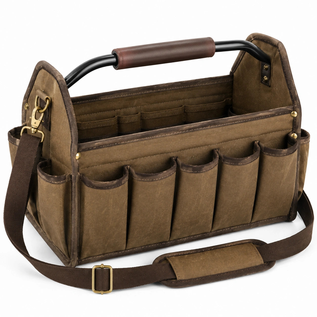Werkzeugtasche 40 x 20 x 28 cm aus Canvas Braun mit Schultergurt und Au?enf?chern