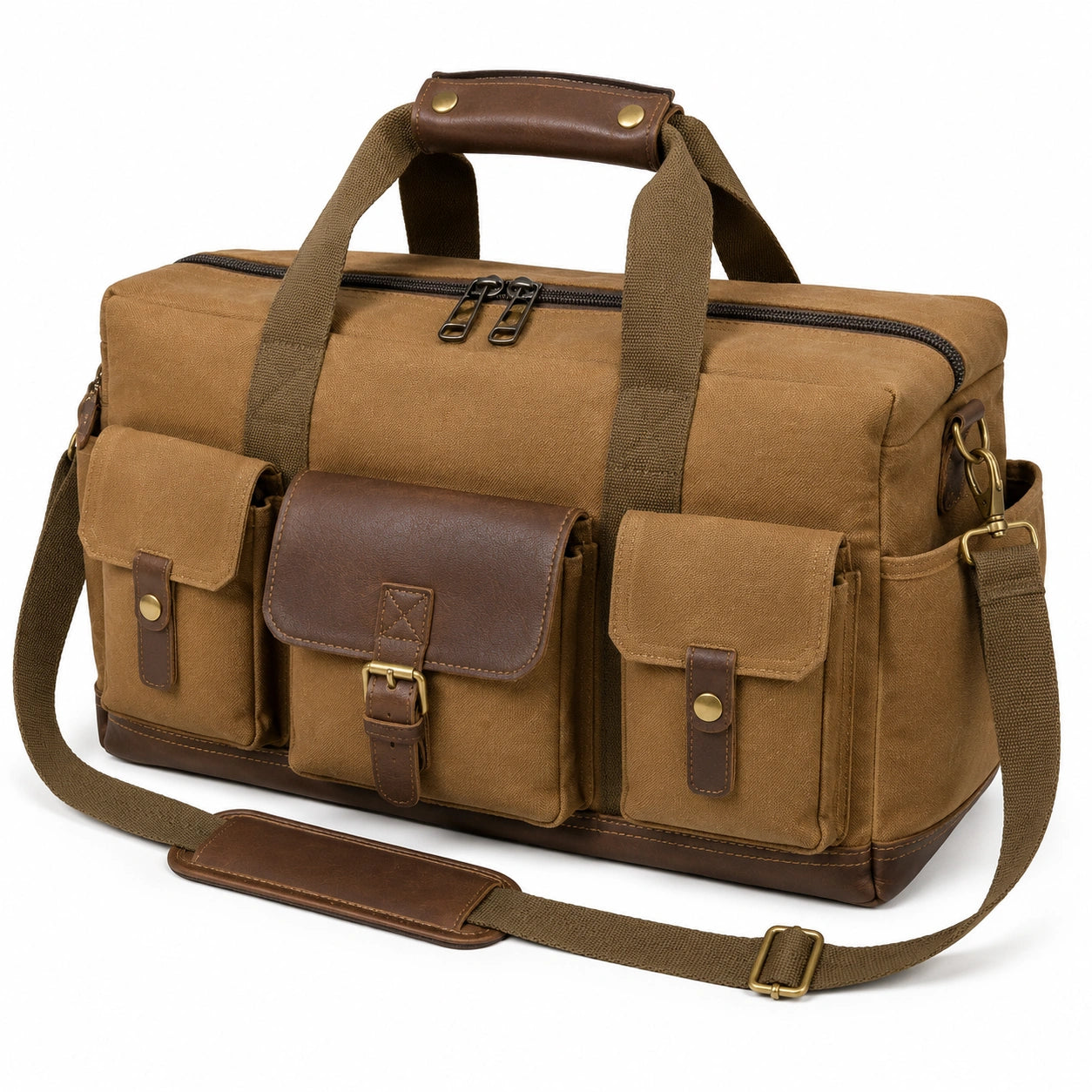 Reisetasche 50 cm aus Canvas und Kunstleder Braun mit Schultergurt und Au?entaschen