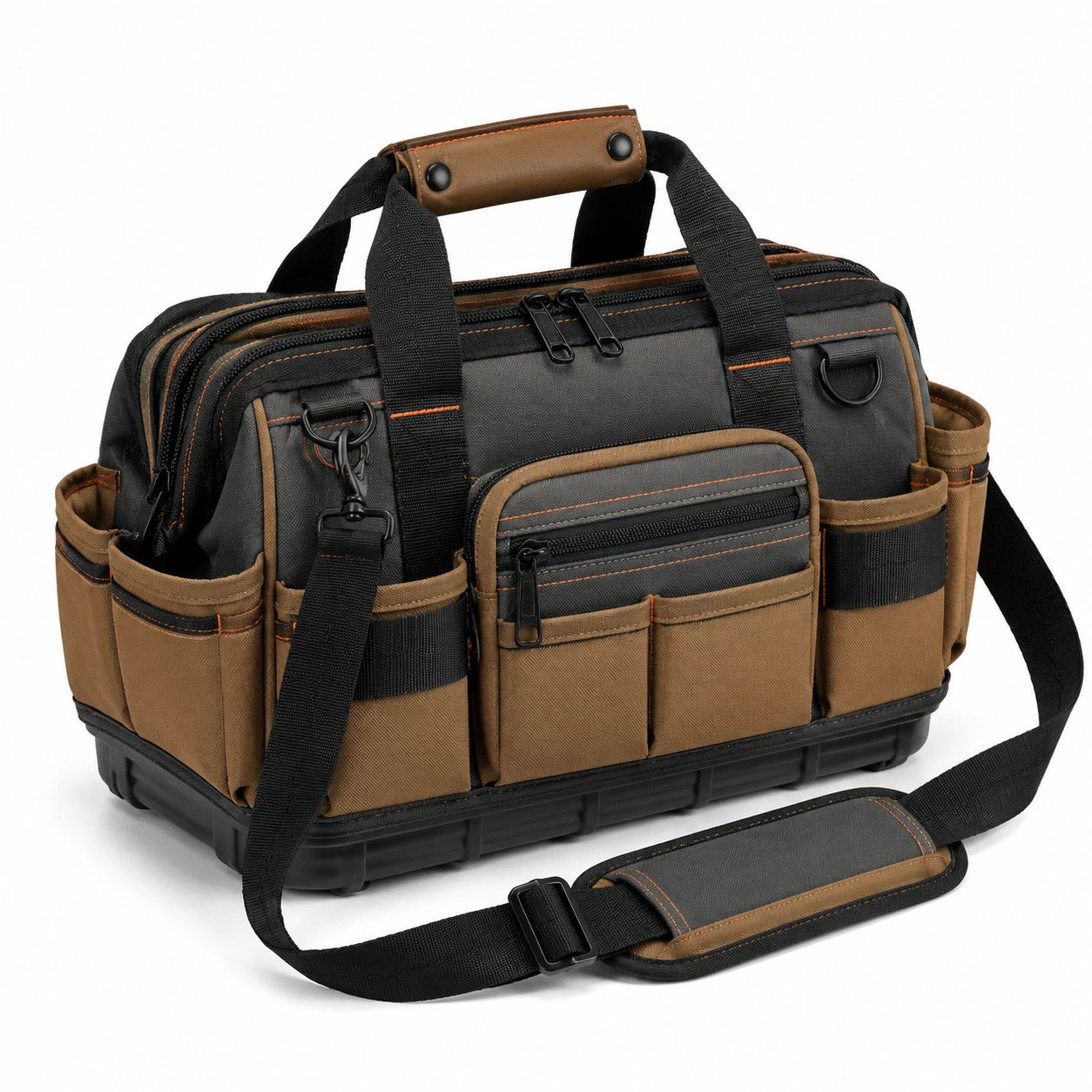 Werkzeugtasche 40 x 25 x 30 cm aus Polyester Schwarz Braun mit Schultergurt und F?chern